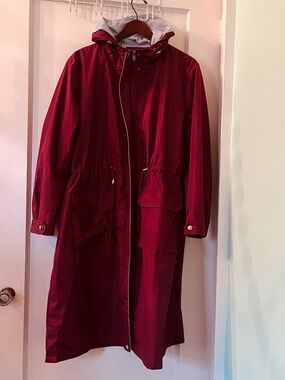 Rich Red Lined Hooded Rain and Wind Jacket Extra Long for Travel XL